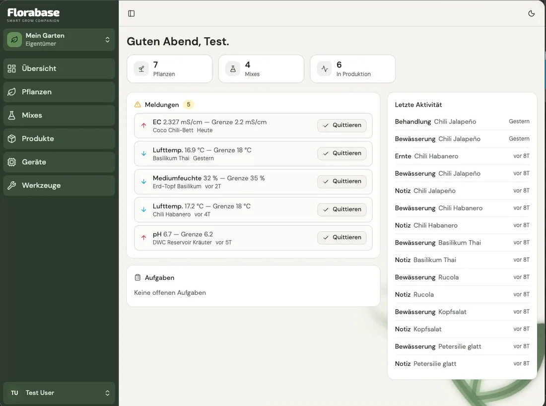 Florabase dashboard showing sensor readings, alerts and an activity log